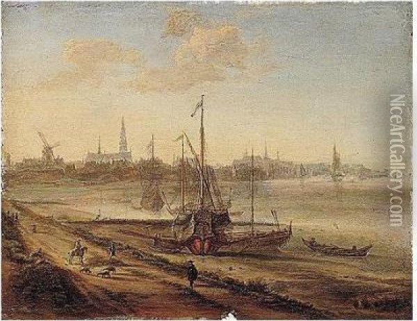 The Estuary Of The Schelde With A
 Mediterranean Galley Beached, And A Distant View Of Antwerp Oil Painting - Gillis Neyts