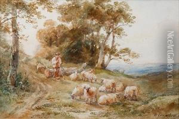 Shepherd With Flock Grazing Beside A Fallen Tree, Signed Lower Right Oil Painting - Henry Earp