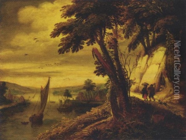 An Extensive River Landscape With Two Peasants Oil Painting - Joos de Momper the Younger