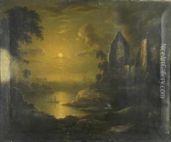 Laying Nets By Moonlight, A Lake Scene With Ruined Abbey Oil Painting - Sebastian Pether