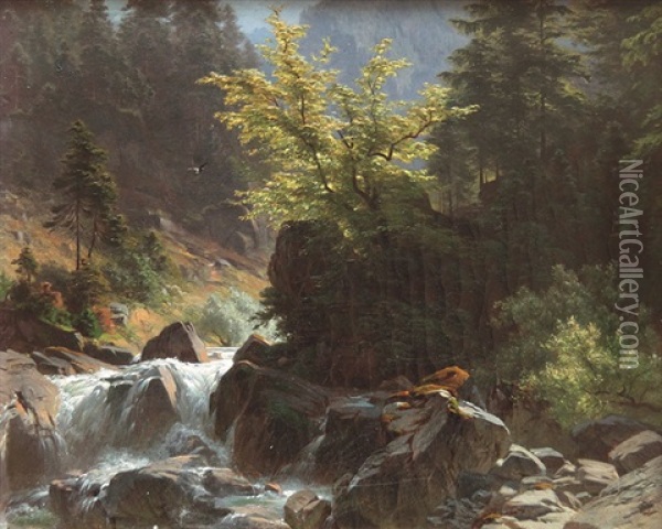 Gebirgsbach In Sonniger Landschaft Oil Painting - Franz Leinecker