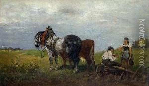 Pflugende Bauern Bei Der Rast Oil Painting - Julius Schgoer