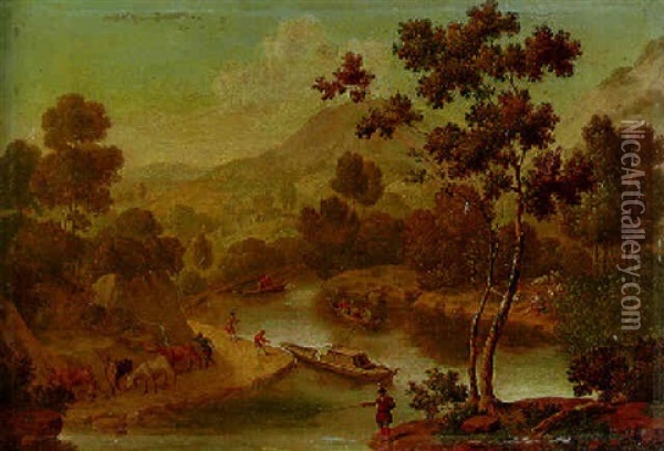 A Hilly River Landscape With Drovers On A Path Oil Painting - Willem van Mieris