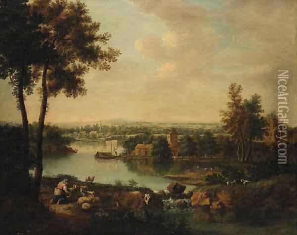 An extensive River Landscape with a Maid milking Goats on a Bank, a Village beyond Oil Painting - Francesco Zuccarelli