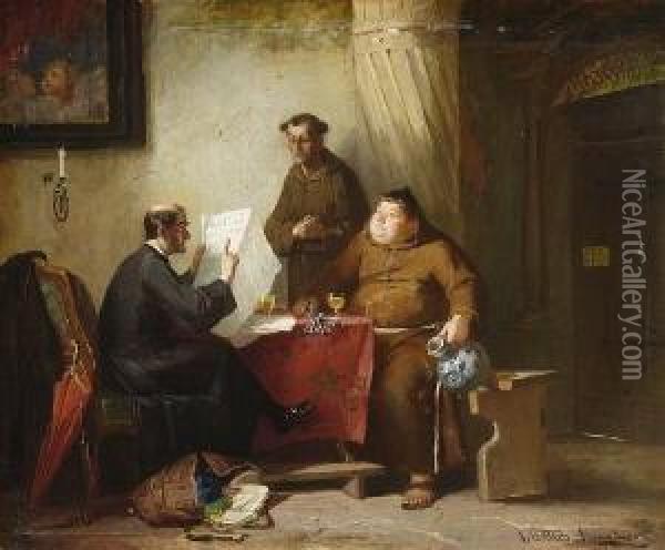 Ein Priester Und Zwei Monche Beim
 Zeitungsstudium. Oil Painting - Friedrich Ortlieb