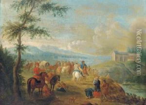 A Landscape With Travellers At Halt By A River Oil Painting - Pieter Gysels
