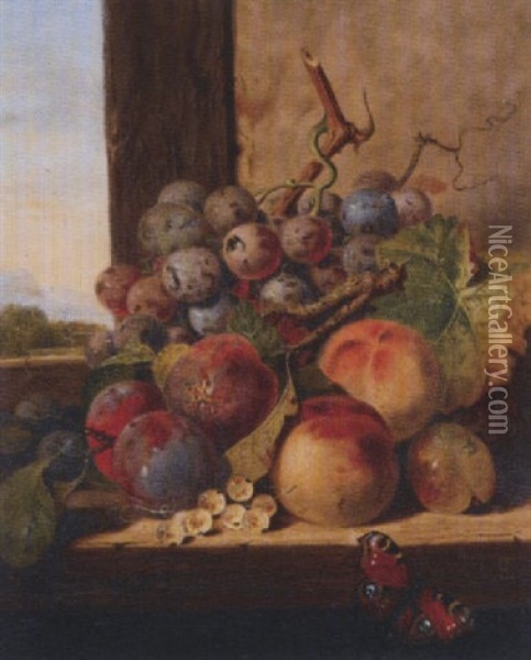 Untitled (still Life With Fruit And Butterfly) Oil Painting - Edward Ladell