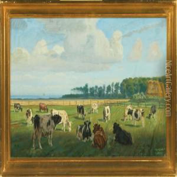 Summer Landscape With Grazing Cattle Oil Painting - Rasmus Christiansen