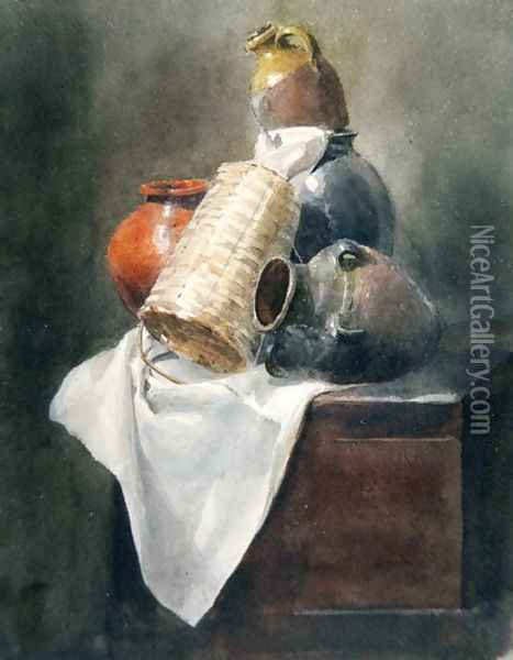 Still Life Pots, Basket and Cloth on a Chest Oil Painting - Peter de Wint