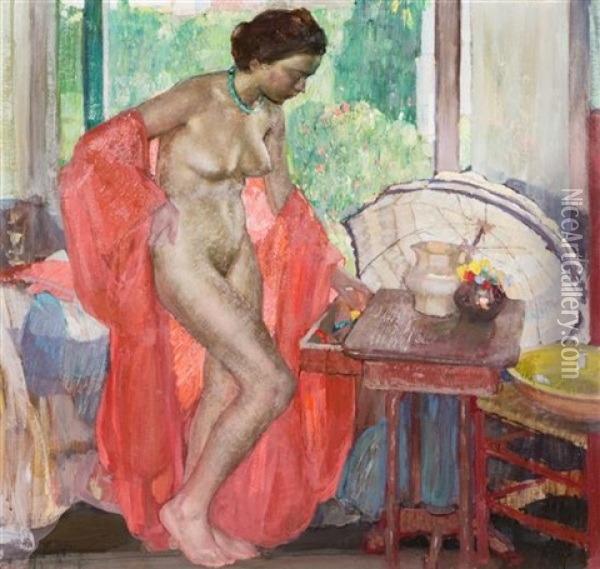 The Red Scarf Oil Painting - Richard Edward Miller