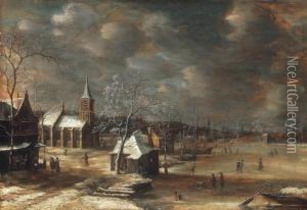 Winter Landscape With Country Church And Frozen Canal Oil Painting - Jan Abrahamsz. Beerstraaten