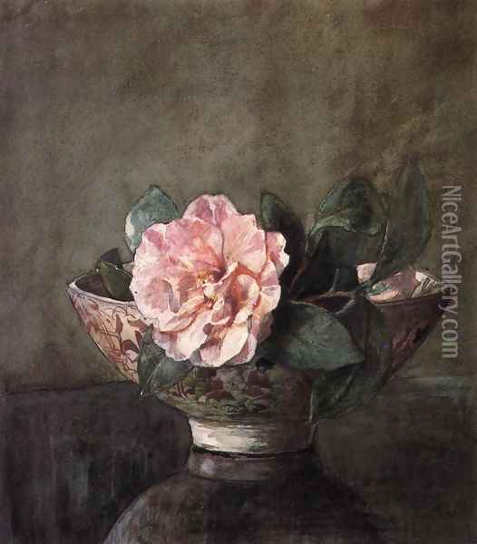 Camellia In Old Chinese Vase On Black Lacquer Table Oil Painting - John La Farge