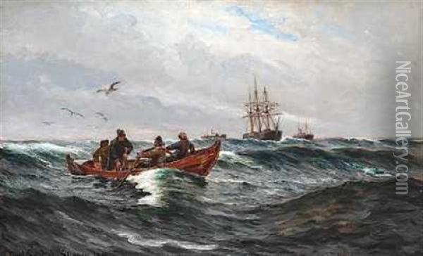 Fiskere I Deres Robad Pa Havet Oil Painting - Carl Ludvig Thilson Locher