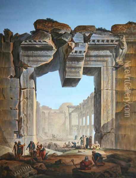 Main gate of a temple situated south of the Temple of the Sun at Baalbec, c.1800 Oil Painting - Louis Francois Cassas