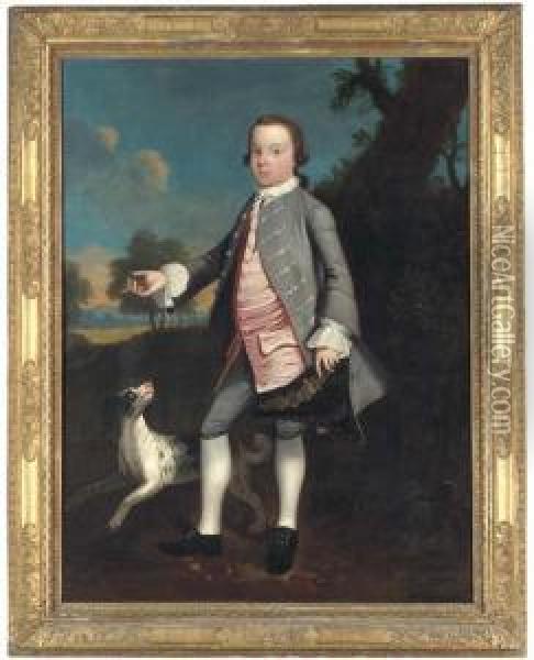 Portrait Of A Young Boy, Full-length, In A Silver Coat And Pink Waistcoat, Holding A Tricorn In His Left Hand, A Spaniel Beside Him, In A Landscape Oil Painting - Christopher Steele