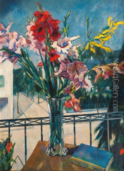 Vase With Gladioli On A Balcony Oil Painting - Erich Krause