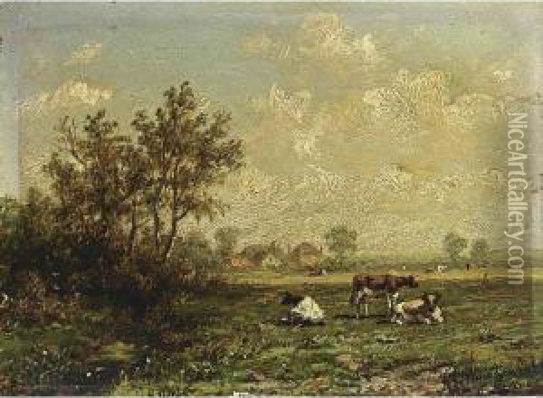 Cows In A Summer Landscape Oil Painting - Anthonie Jacobus Van Wyngaerts