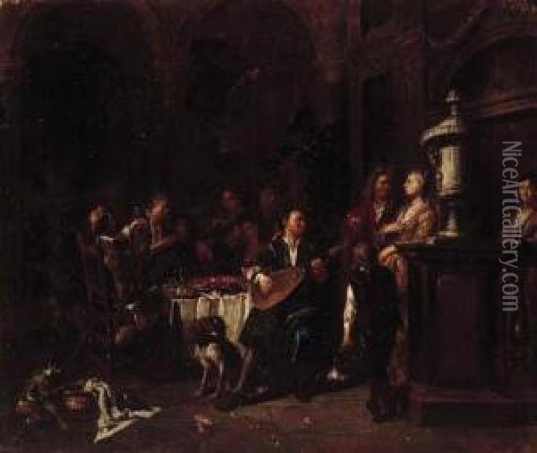 Elegant Company Making Music And
 Dining On A Roof Terrace; And Cardplayers Fighting In An Interior Oil Painting - Maximilian Blommaerdt