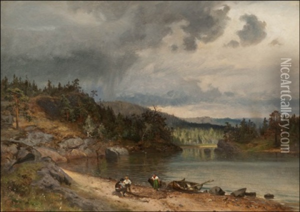 Kalastajia Rannalla Oil Painting - Magnus Hjalmar Munsterhjelm