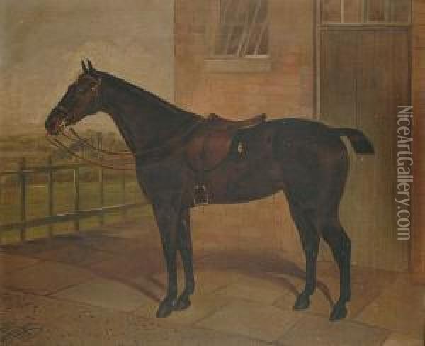 Portrait Of A Chestnut Mare In A Stable-yard Oil Painting - Walter Harrowing