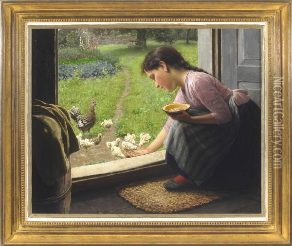 Essenszeit - Ein Junges Madchen Am Hauseingang Futtert Kuken Aus Der Hand Oil Painting - Carl Von Bergen