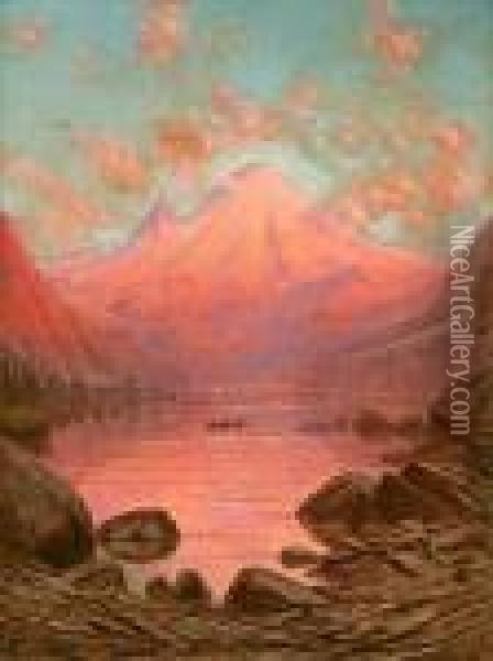 Sunset Glow, Mt. Tacoma From Lake Cle Elum, Washington, 1903 (no.928) Oil Painting - James Everett Stuart