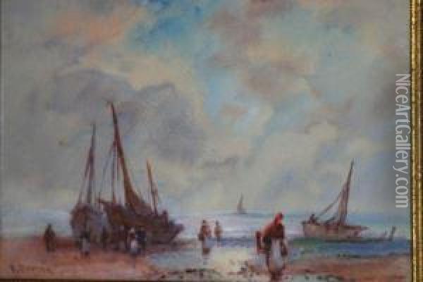 Ships And Figures At Shore Oil Painting - Frank Rousse