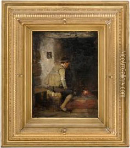 Boy By Afireplace Oil Painting - Oscar Wergeland