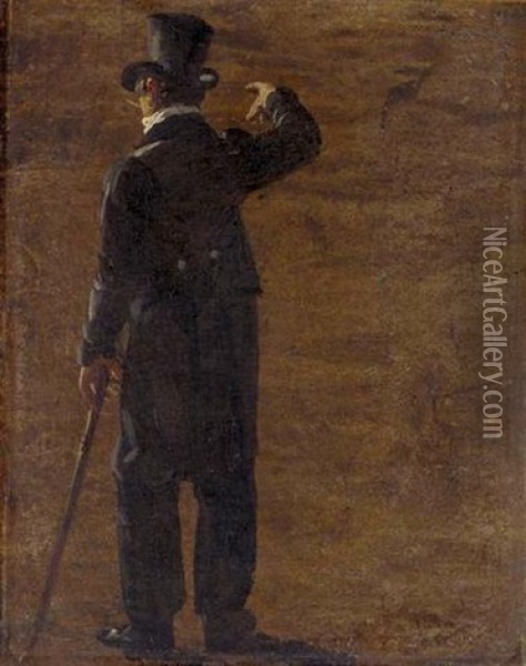 A Figure In A Morning Coat And Top Hat, Seen From Behind Oil Painting - Johan Christian Dahl