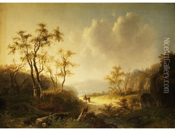 Herbstlandschaft Mit Hohlweg Zwischen Felsigen Anhohen Mit Birken Und Figurenstaffage Oil Painting - Barend Cornelis Koekkoek