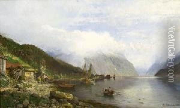 Fjordlandskap Med Brygge Og Bater 1888 Oil Painting - Anders Monsen Askevold