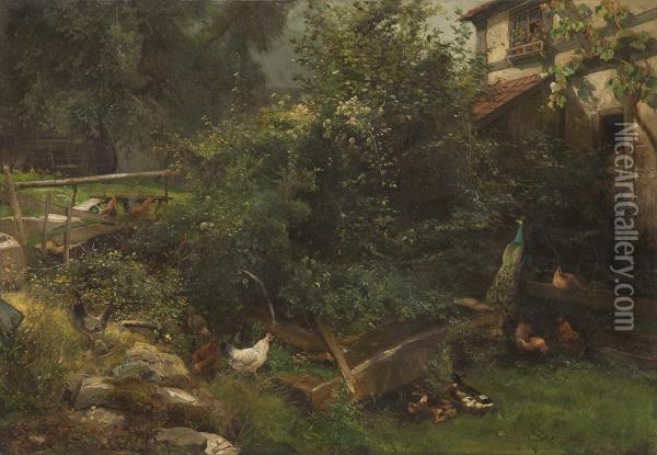 Sommerlicher Hof Mit Enten, Huhnern Und Pfau Oil Painting - Carl Jutz