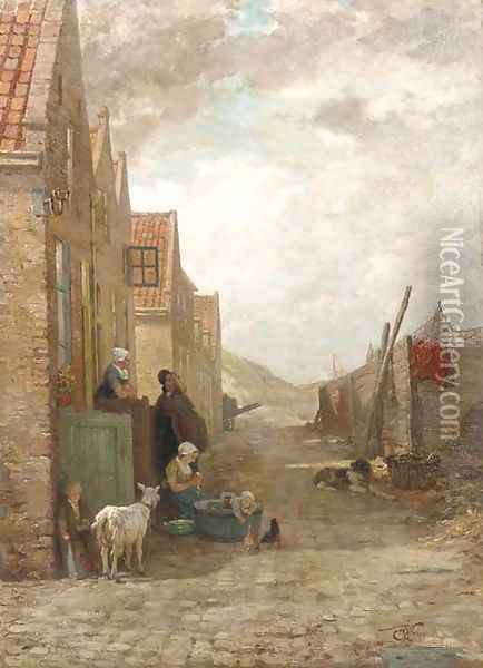 Figures and animals in a small street, Arnemuiden Oil Painting - Henri van Seben