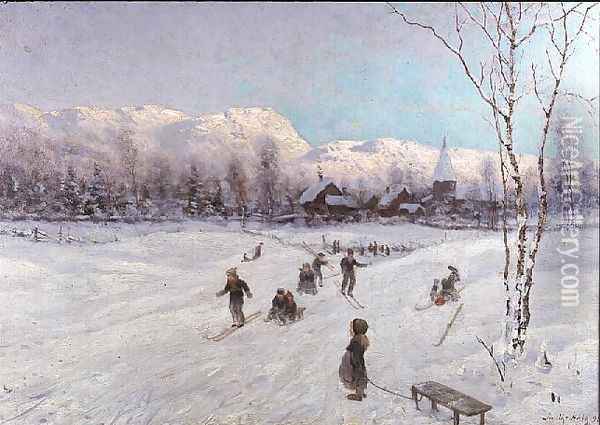 Norwegian Tobogganing Scene Oil Painting - A. Smith-Haigh
