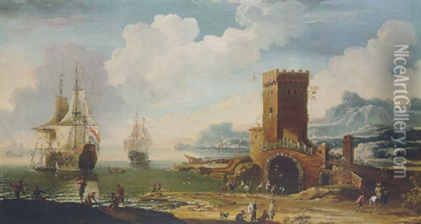 A Mediterranean Harbour With A Dutch Squadron Off The Coast And Fisherfolk On The Shore By A Tower Oil Painting - Jacob De Heusch