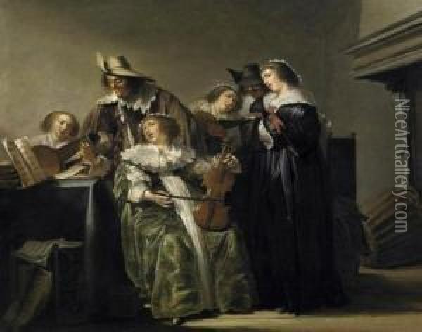 A Musical Round Oil Painting - Pieter Codde
