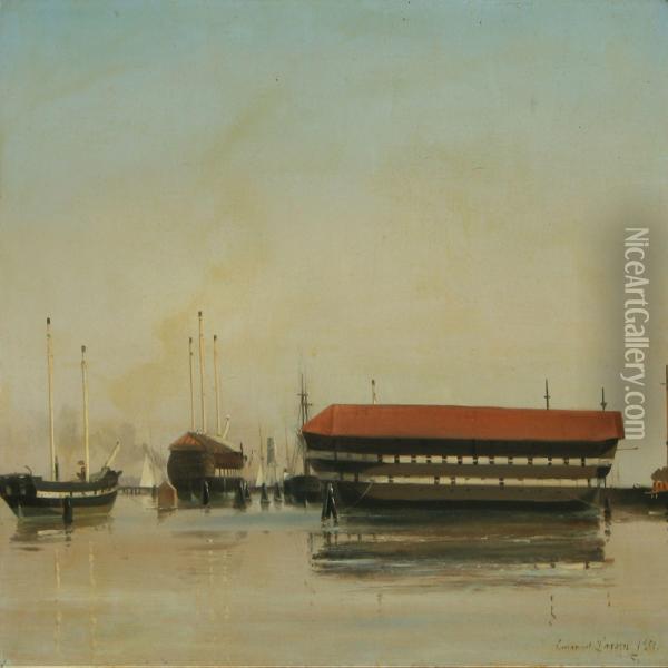 Seascape With The Ship Of The Line Dannebrog In Copenhagen Harbour Oil Painting - Emanuel Larsen