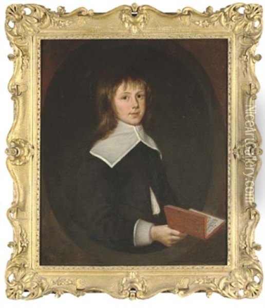 Portrait Of Thomas Oxenden Of Maydeken, Barham, Aged 9, Half-length, In A Black Coat With White Collar And Cuffs, Holding A Book In His Right Hand Oil Painting - Henry Gibbs