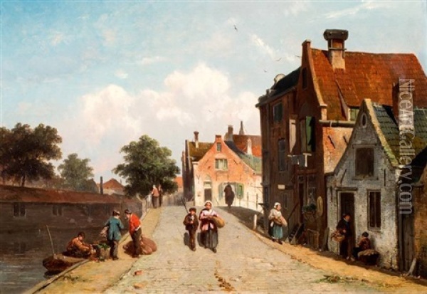 Zonnige Dorpsstraat Met Wandelaars En Groenteschuit Aan De Kade Oil Painting - Adrianus Eversen