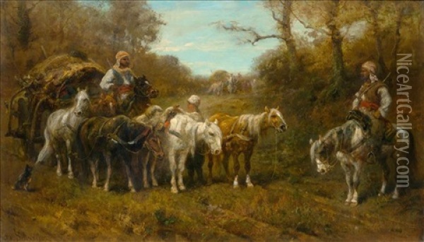 Oriental Rider Group Resting Oil Painting - Adolf Schreyer