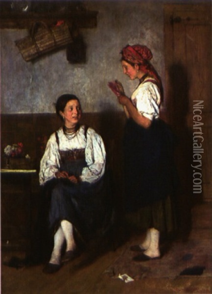 Zwei Bauernmadchen Lesen Einen Brief Oil Painting - Franz Rumpler