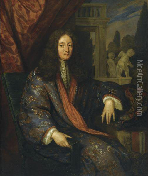 Portrait Of A Gentleman Wearing A Japanese Coat Oil Painting - Caspar Netscher