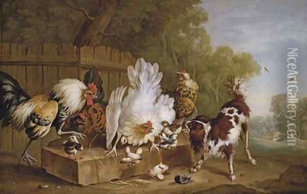 A spaniel disturbing chickens by a fence in a landscape Oil Painting - Pieter Casteels