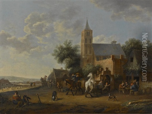 A Village Church And Tavern With Figures Oil Painting - Barend Gael