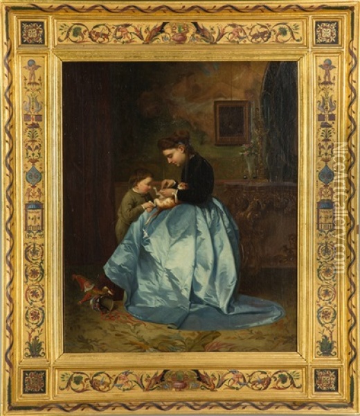 Woman With Child And Kitten Oil Painting - Giuseppe Mazzolini