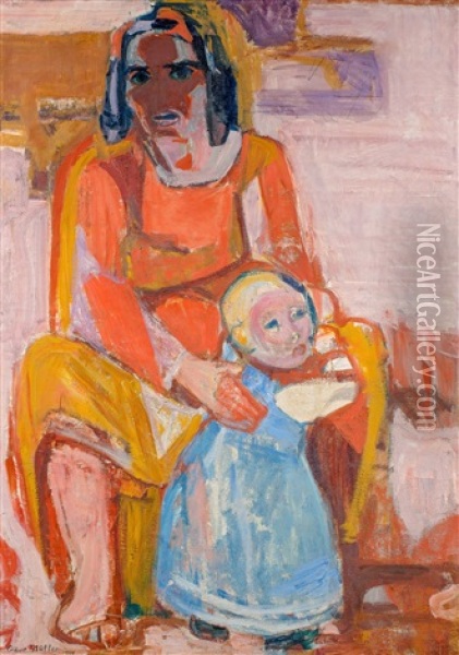 Mutter Mit Kind (detail Aus Dem Wandbildentwurf <verlorenes Paradies> Fur Den Strafgerichtssaal Basel) Oil Painting - Albert Mueller