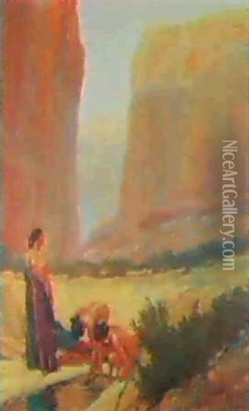 Navajo Women In The Canyon De Chelly, Arizona Oil Painting - Maynard Dixon