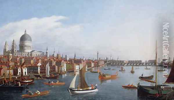 View of the River Thames with St Pauls and Old London Bridge Oil Painting - William James