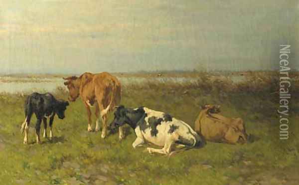A polder landscape with cows near the water Oil Painting - Hermanus Charles Christiaan Bogman