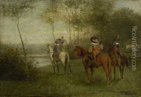 Drei Berittene Landsknechte Am Flussufer Oil Painting - Wilhelm Karl Raeuber